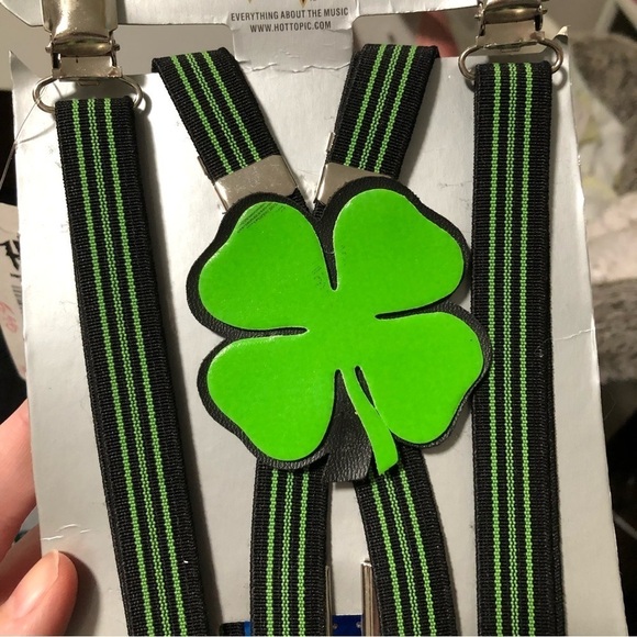 Hot Topic NEW neon Green mens suspenders st Patrick’s day 4 leaf clover - Picture 3 of 6